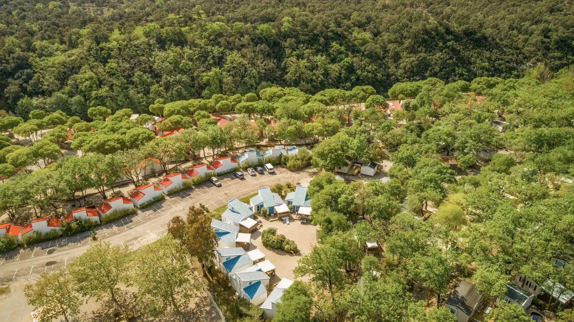 aerial view camping with mobile home