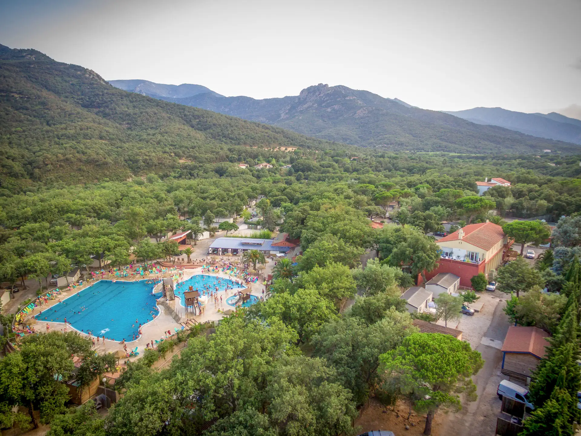 aerial view camping with swimming pool