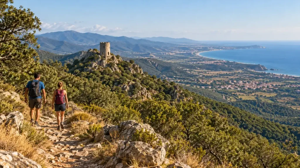 Randonneurs sur un sentier des Albères face à une tour de guet, avec vue sur la côte d’Argelès-sur-Mer