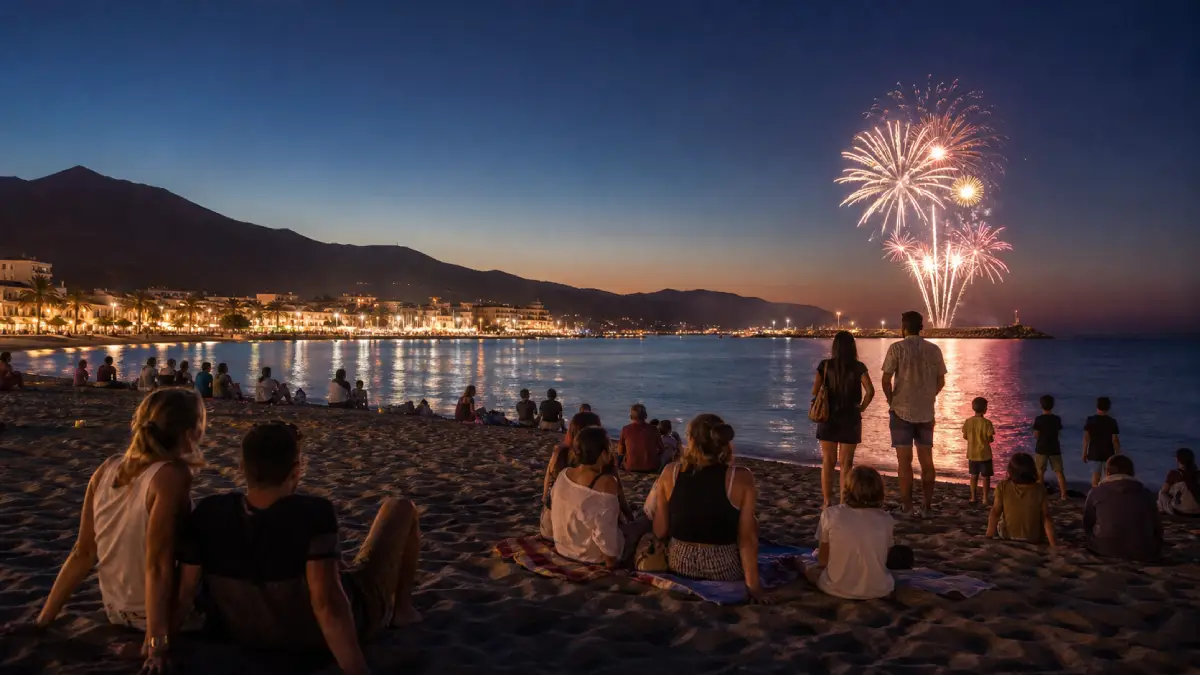 Feu d’artifice tiré depuis le port d’Argelès-sur-Mer, vu depuis la plage au crépuscule