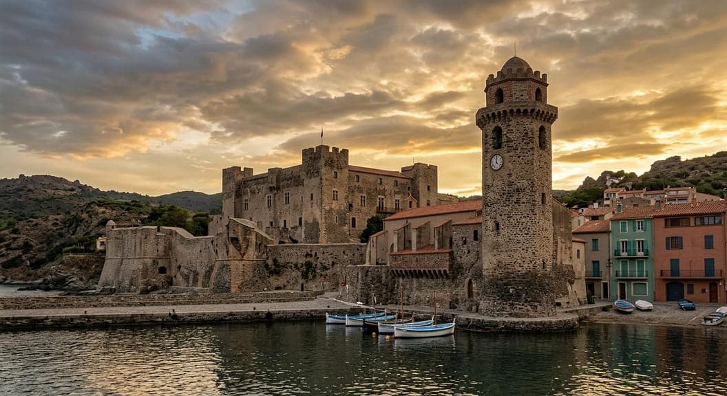 Château royal et clocher de Notre-Dame-des-Anges à Collioure, au coucher du soleil